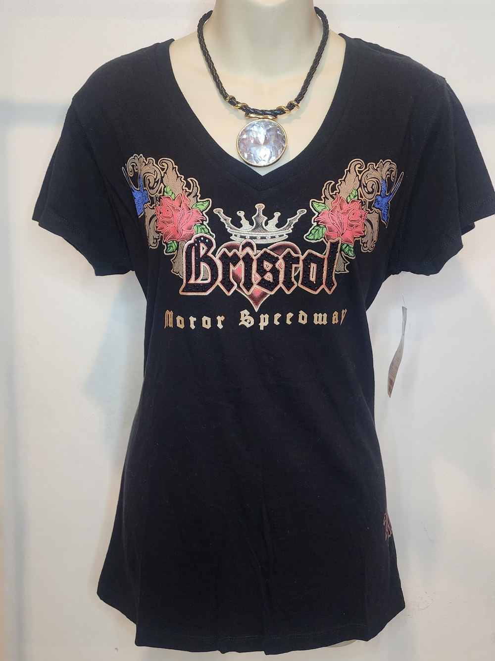 Chase Authentics Black V-Neck Tee with Pink Roses and Blue Accents